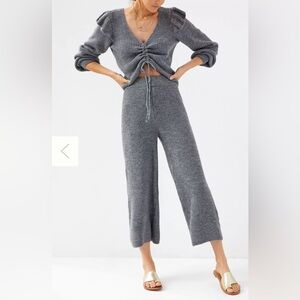 Anthropologie Daily Practice Ruffle Knit Lounge Sweater Top Pant Set Medium Grey